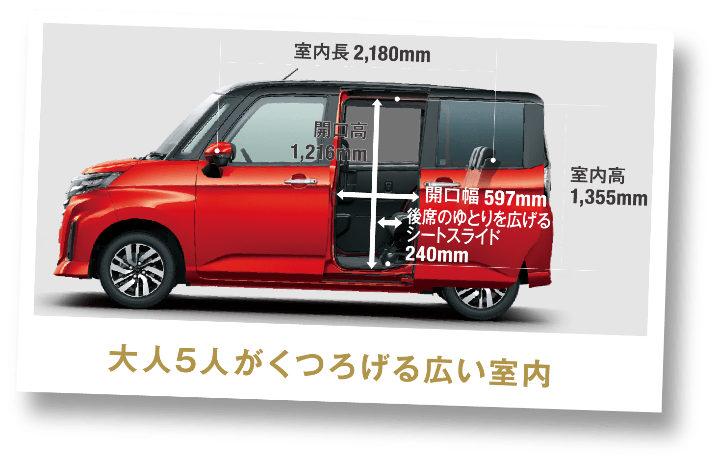 大人5人がくつろげる広い室内 室内長2,180mm 開口高1,216mm 室内高1,355mm 開口幅597mm後席のゆとりを広げるシートスライド240mm